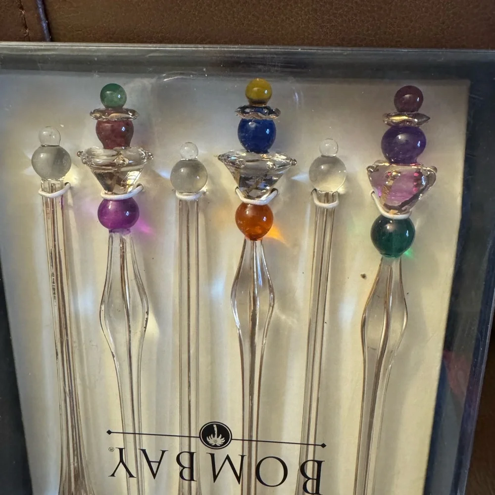 NIB Bombay set of six glass cocktail crown jewel swizzle sticks